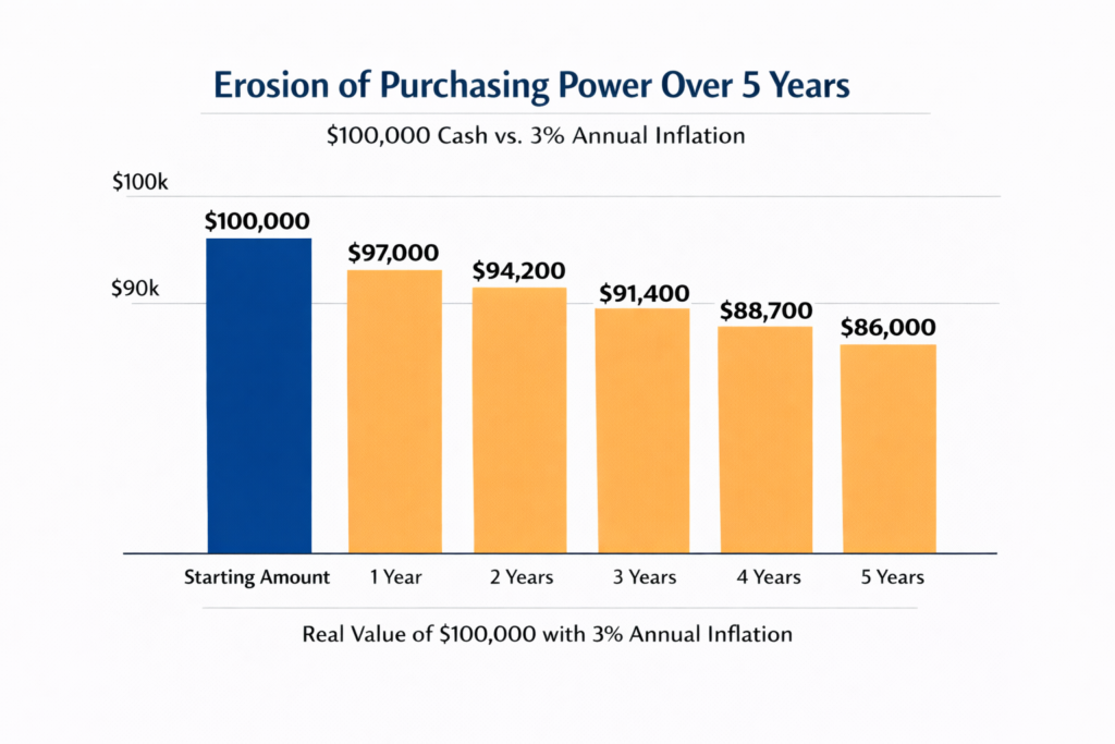 Bar chart showing $100,000 purchasing power erosion over 5 years due to 3% annual inflation.